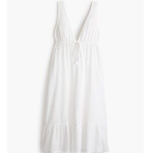 J.Crew Deep V-neck White Midi Dress in Crinkle Cotton | Medium